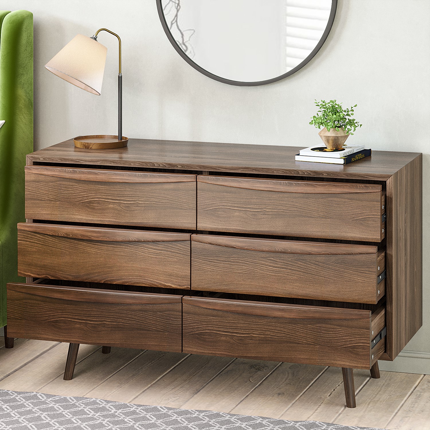 Read more about Wide walnut mid-century chest of 6 drawers with legs frances